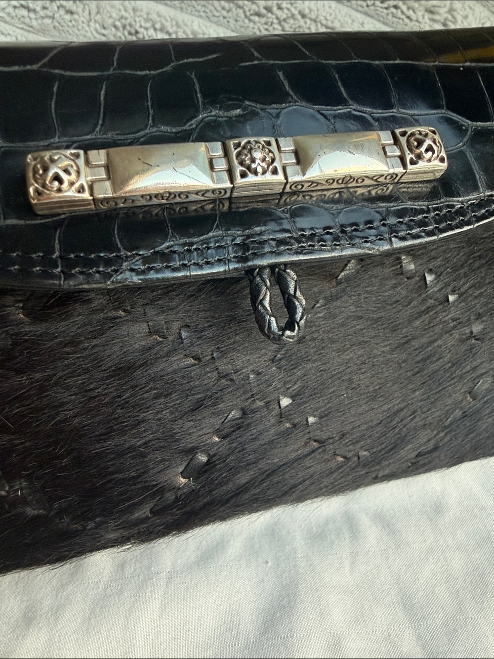 Rare 90s Vintage Brighton Black Calf Hair Crocodile Embossed Wallet Purse